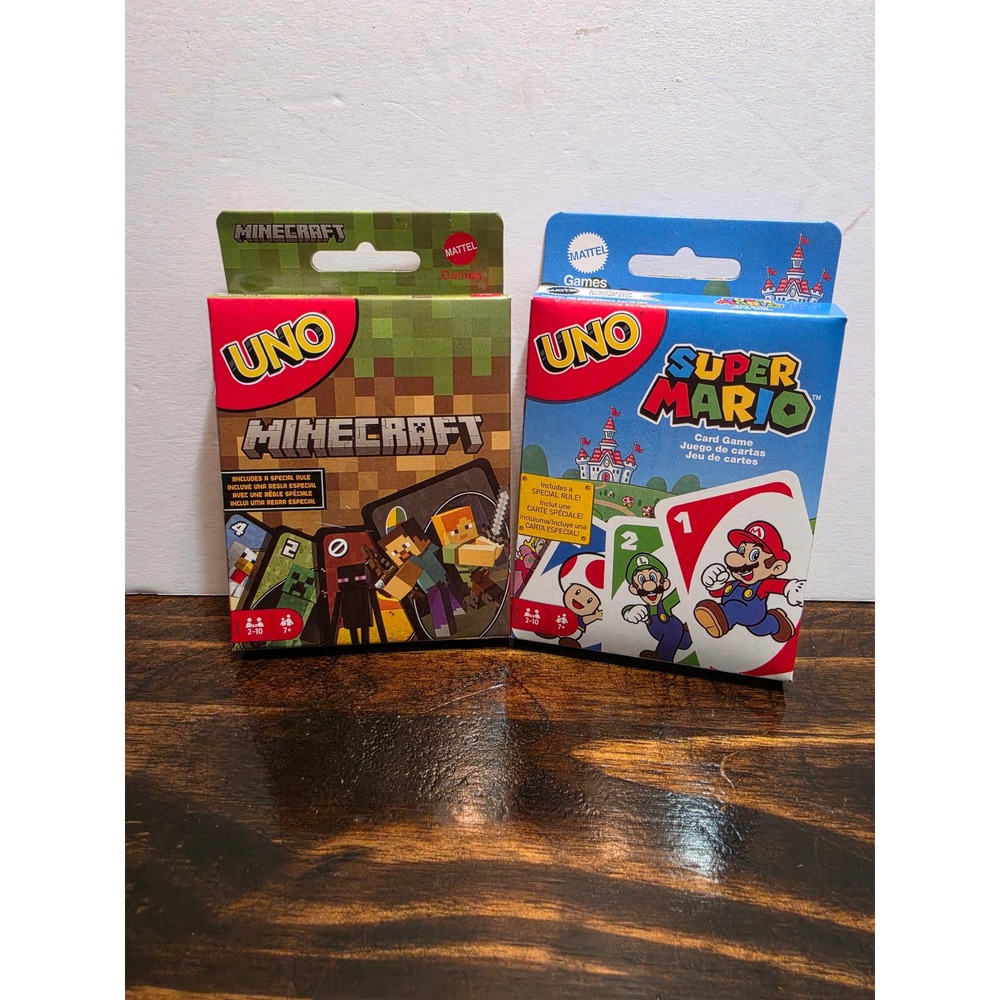 Mattel UNO Card Game Bundle Minecraft and Super Mario Themed Decks New